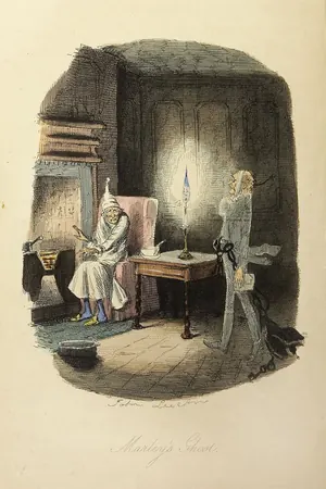 John Leech's 1843 illustration Marley's Ghost: Scrooge by the fire meets the chained ghost of Jacob Marley