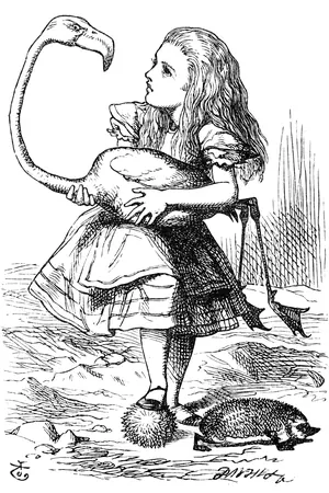 John Tenniel's illustration of Alice holding a flamingo under her arm, from Alice's Adventures in Wonderland