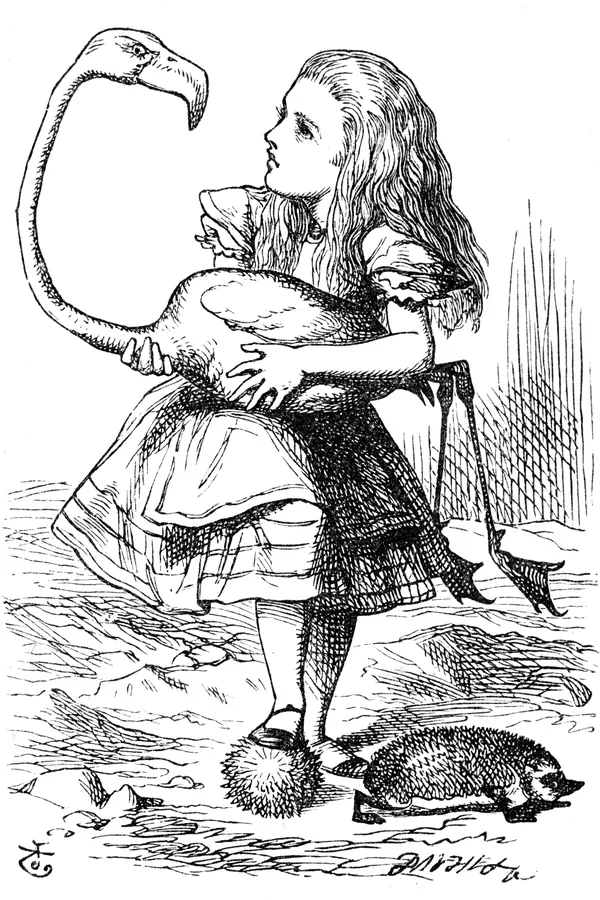 John Tenniel's illustration of Alice holding a flamingo under her arm, from Alice's Adventures in Wonderland