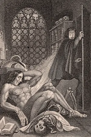 Frontispiece of the 1831 edition of Frankenstein by Theodor von Holst: Victor Frankenstein fleeing from the creature he has made