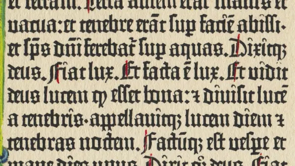 A page of Genesis from a Gutenberg Bible, printed in Mainz in the 1450s