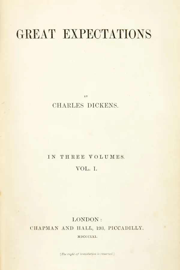 Title page of the first edition of Great Expectations, volume one, Chapman and Hall, 1861