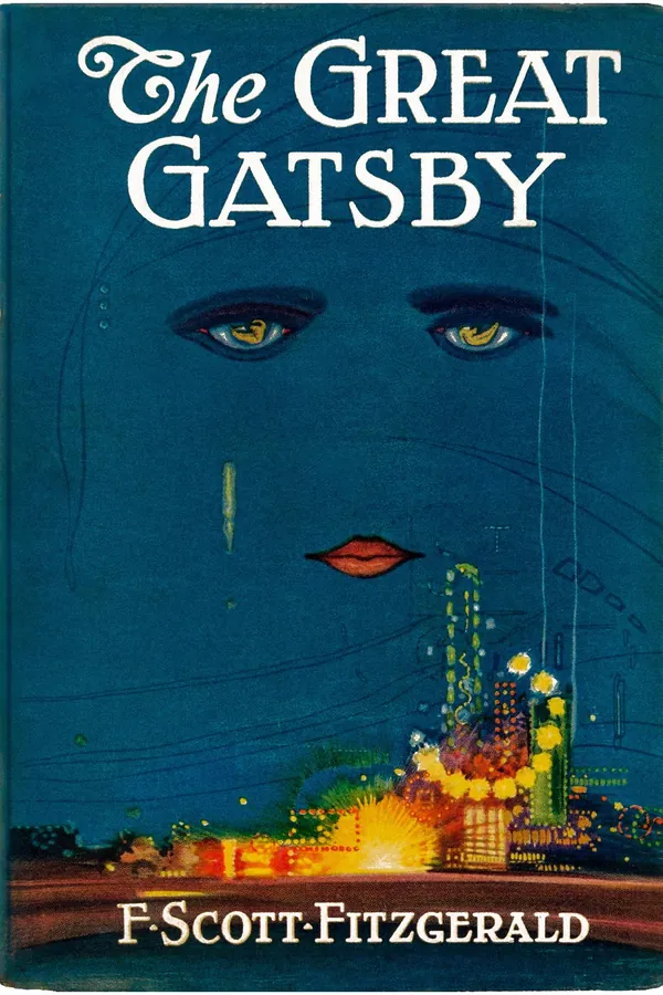 Original 1925 dust jacket of The Great Gatsby by Francis Cugat: a face with eyes above a glowing city at night