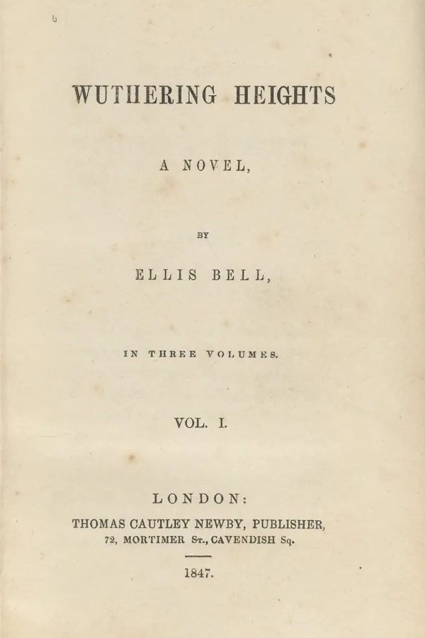 Title page of the first edition of Wuthering Heights by Ellis Bell (Emily Bronte), 1847